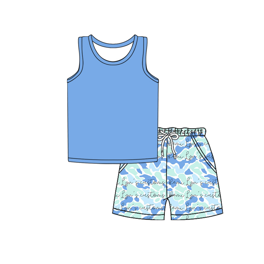Preorder moq 5 Baby Boys Sleeveless Vest Top Blue Camo Pockets Short Set