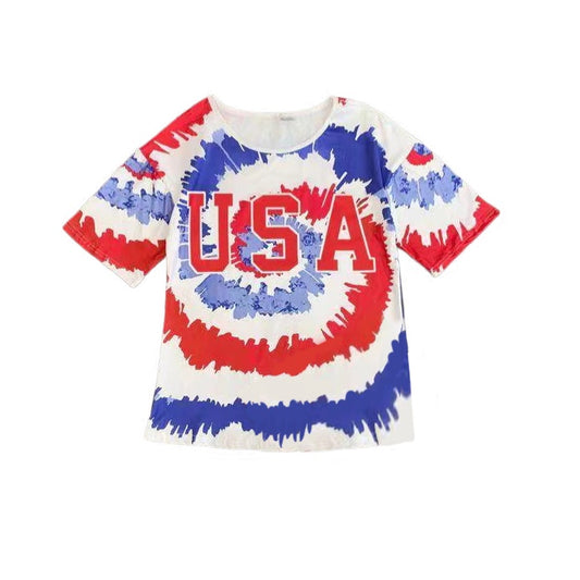 Adult Women 4th Of July USA Tie Dye Short Sleeve Tee Shirts Tops Preorder(moq 5)