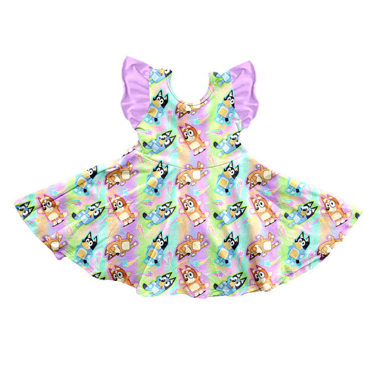 Baby Girls Lavender Dogs Tie Dye Flutter Sleeve Knee Length Dresses Preorder(moq 5)