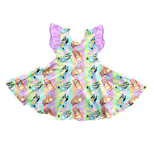 Baby Girls Lavender Dogs Tie Dye Flutter Sleeve Knee Length Dresses Preorder(moq 5)