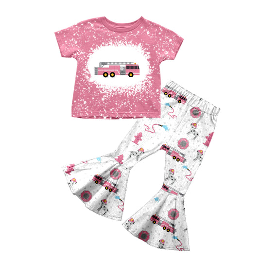 Preorder (moq 5)Baby Girls Pink Firettruck Shirt Bell Pants Outfits Clothes Sets