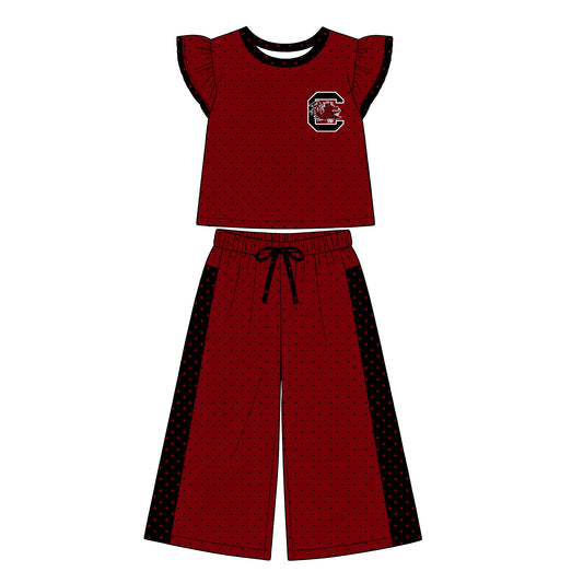 Preorder (moq 5)Baby Girls Flutter Sleeve Carolina Polka Dots Top Flare Pant Team Clothes Set