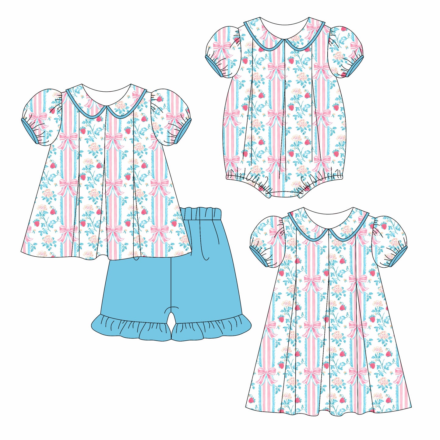Preorder moq 5 Custom Baby Girls Bows Floral Stripe Tunic Ruffle Short Set Knee Length Dress Romper