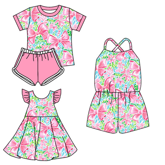 Preorder moq 5 Custom Baby Girls Pink Short Sleeves Watercolor Bows Floral Top Short Set Knee Length Dress Jumpsuits