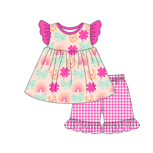 Preorder (moq 5)Baby Girls Colorful Rainbow Bows Top Checkered Shorts Clothes Sets