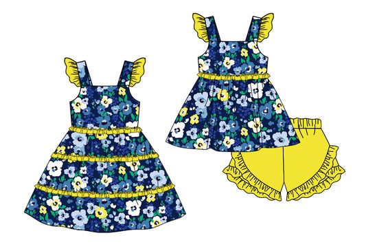 Preorder(moq 5 each) Baby Girls Blue Yellow Flowers Ruffles Summer Dress Shorts Sets