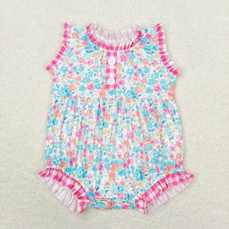 Baby Girls Pink Checkered Floral Summer Sibling Rompers Clothes Sets