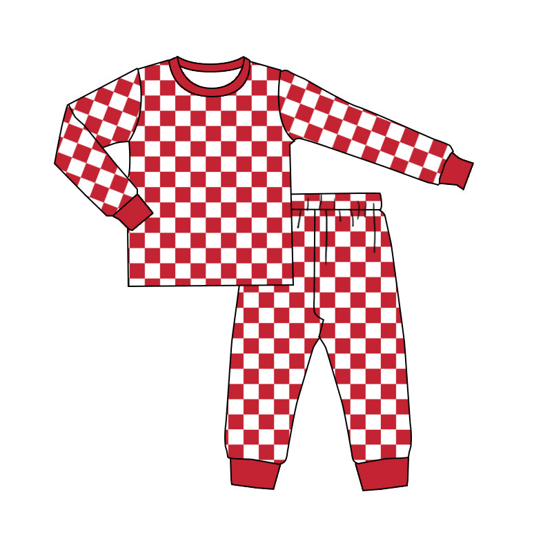 Baby Kids Red Checkered Christmas Bamboo Top Pants Pajamas Clothes Sets Preorder(moq 5)