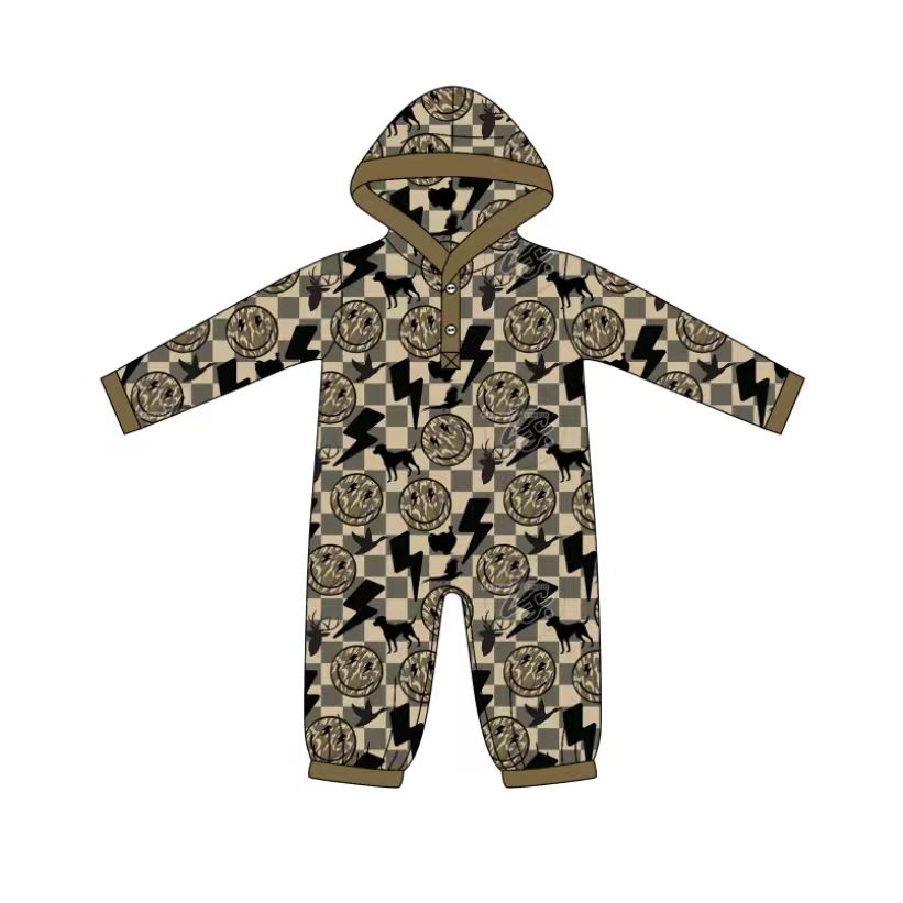 Preorder(moq 5)Baby Boys Khaki Checked Lights Smiles Button Hoodie Footie Rompers