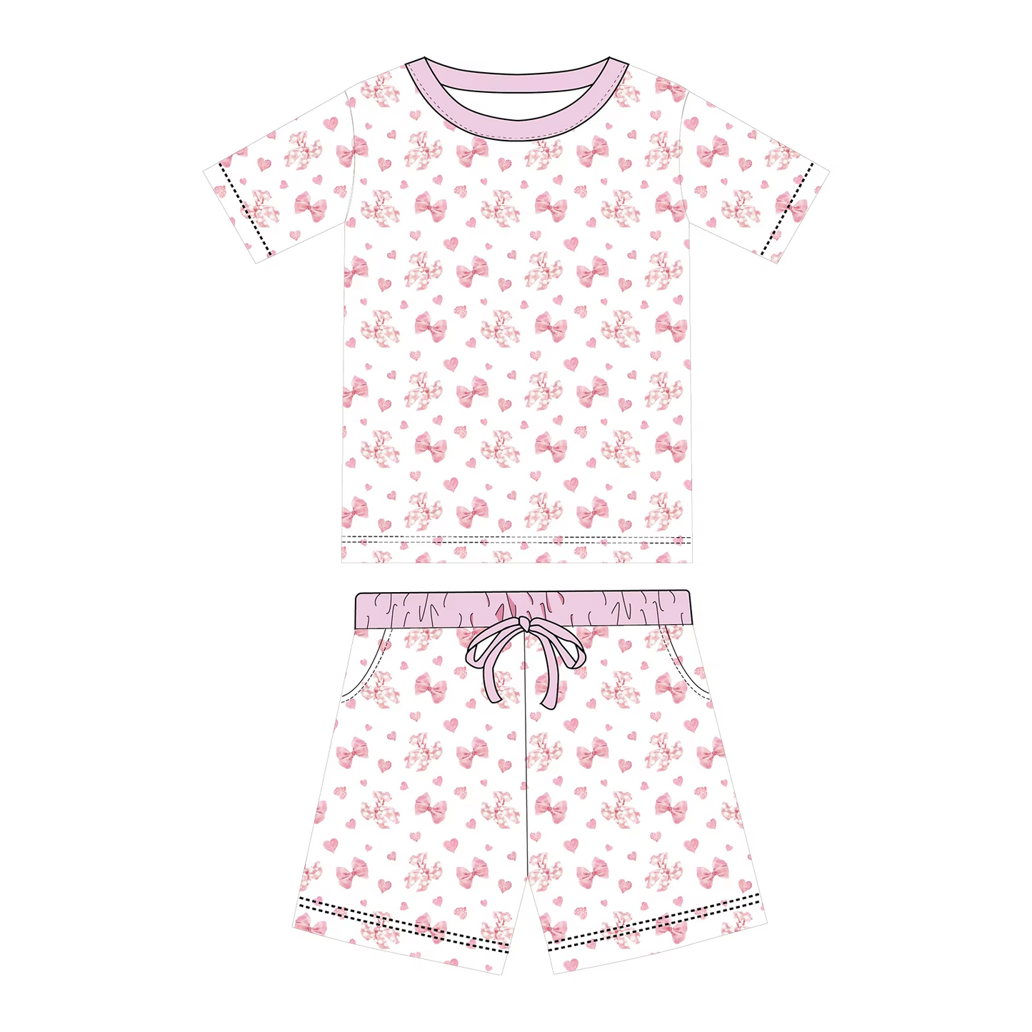 Preorder moq 5 Adult Women Pink Bows Hearts Top Pockets Short Pajamas Set