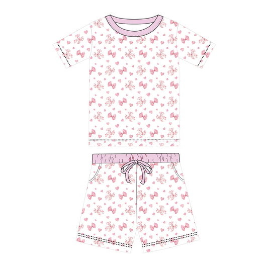 Preorder moq 5 Adult Women Pink Bows Hearts Top Pockets Short Pajamas Set