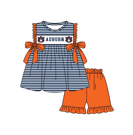 Preorder (moq 5)Baby Girls Sleeveless Auburn Stripe Tunic Ruffle Short Team Clothes Sets