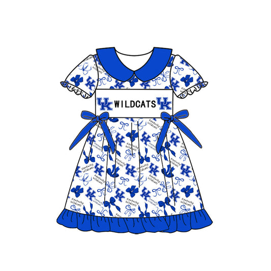 Preorder (moq 5)Baby Girls Short Sleeve UK Bows Wildcats Collar Team Ruffle Knee Length Dress