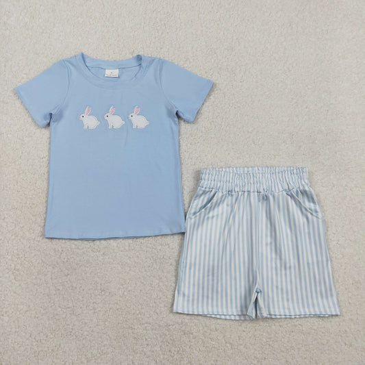 Embroidery Rabbits Baby Boys Top Stripe Pockets Shorts Easter Clothes Sets