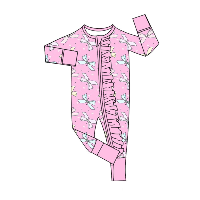 Preorder (moq 8)Baby Girls Long Sleeve Colorful Bows Hearts Ruffle Zipper Footie Rompers