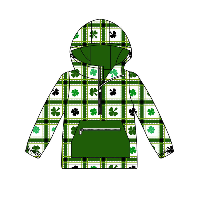Preorder (moq 5)Baby Boys Clovers Checked Pocket Zipper St Patrick Hoodies Top