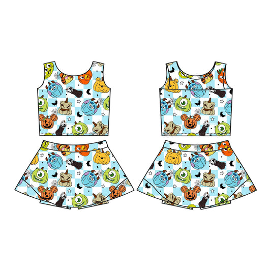 Preorder (moq 5)Baby Girls Sleeveless Cartoon Pumpkins Plaid Vest Top Skorts Set