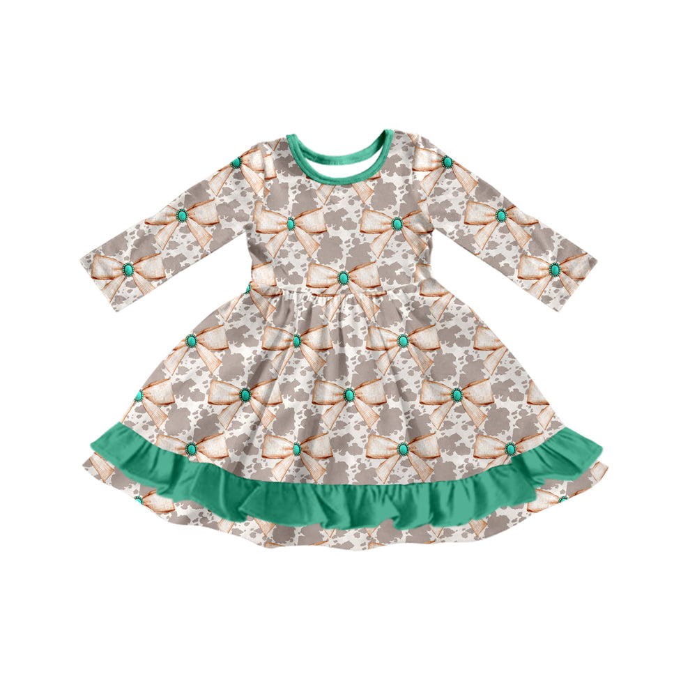 Preorder (moq 5)Baby Girls Long Sleeves Cow Print Bows Plaid Ruffle Knee Length Dresses