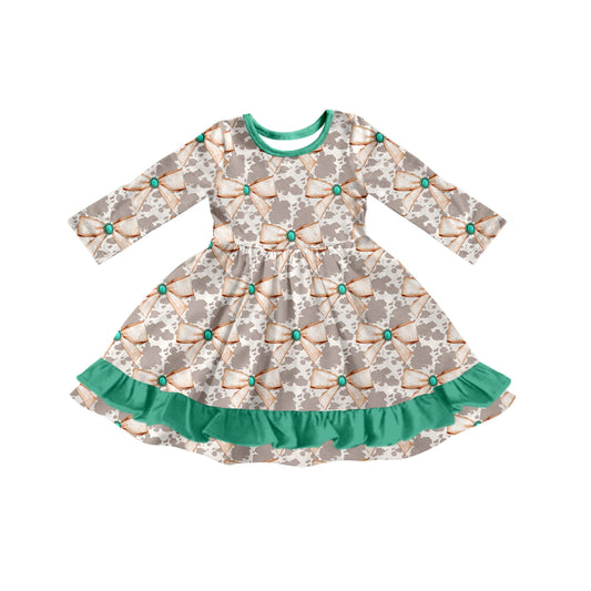 Preorder (moq 5)Baby Girls Long Sleeves Cow Print Bows Plaid Ruffle Knee Length Dresses