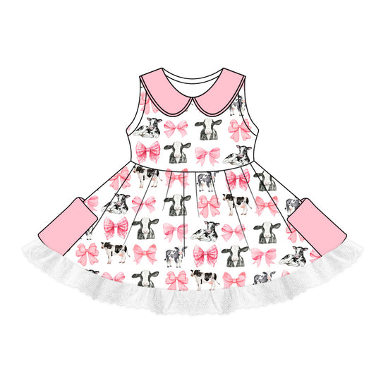 Preorder (moq 5)Baby Girls Pink Bows Cows Lace Pockets Twirl Dresses