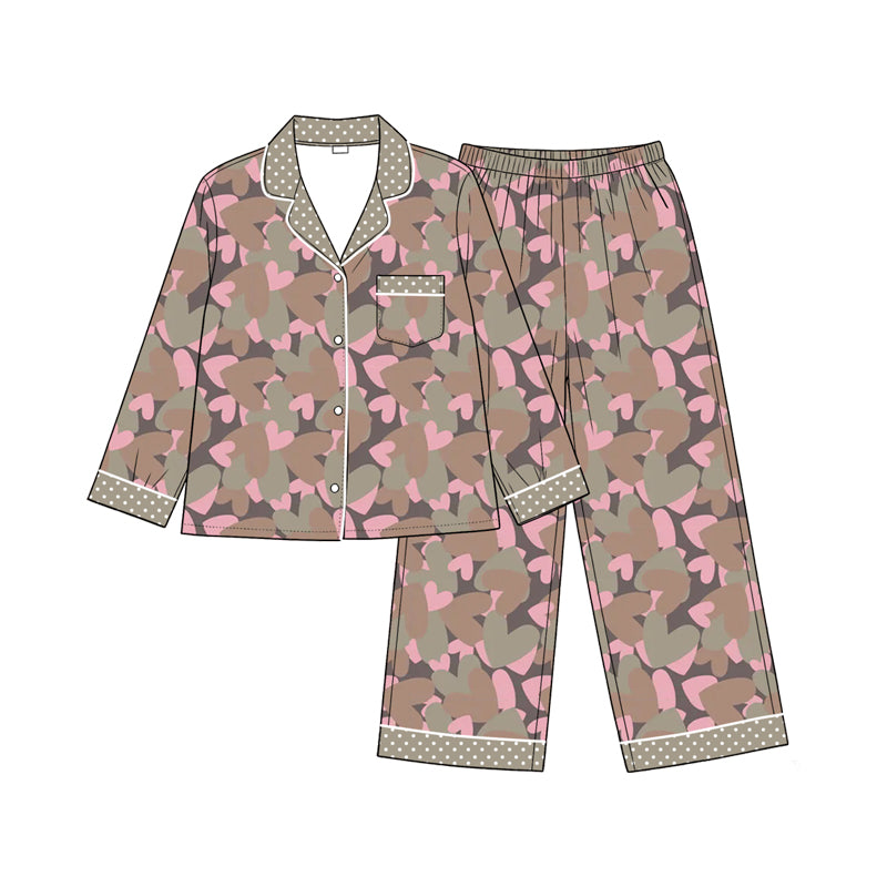 Preorder(moq5) Girls Valentine Pajama Set Geometric Pattern Lapel Button-Down Long Sleeve Top Pants Casual Soft Kids