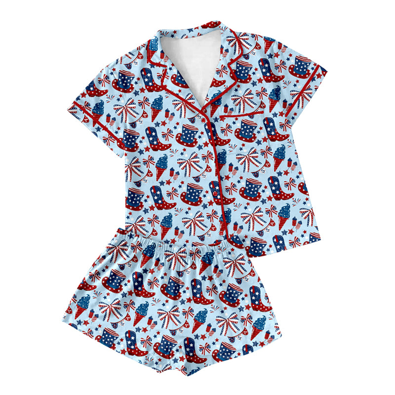 Preorder(moq 5)Adult Women Blue Short Sleeves Button Pocket Fireworks Boots Top Short 4th Of July Pajamas Set