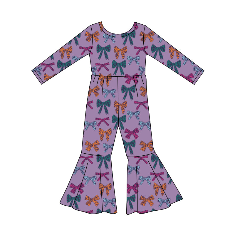 Preorder (moq 5)Baby Girls Long Sleeve Colorful Leopard Bows Bell Bottom Jumpsuits