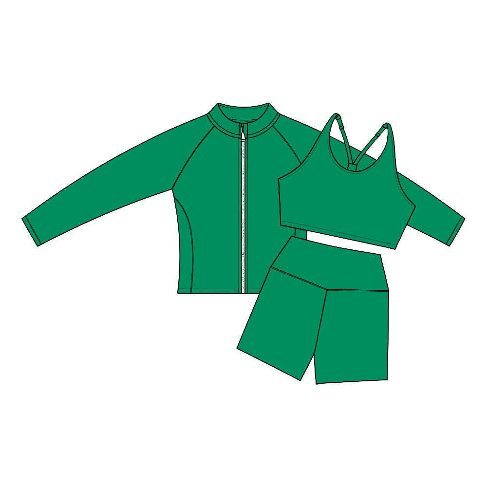 Preorder (moq 5) Baby Girl Clothes Solid Green Print Long Sleeve Zip Jacket Tank Biker Short Yoga Set