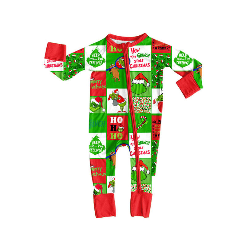 Preorder (moq 5)Baby Boys Green Faces Checked Christmas Zipper Footie Rompers