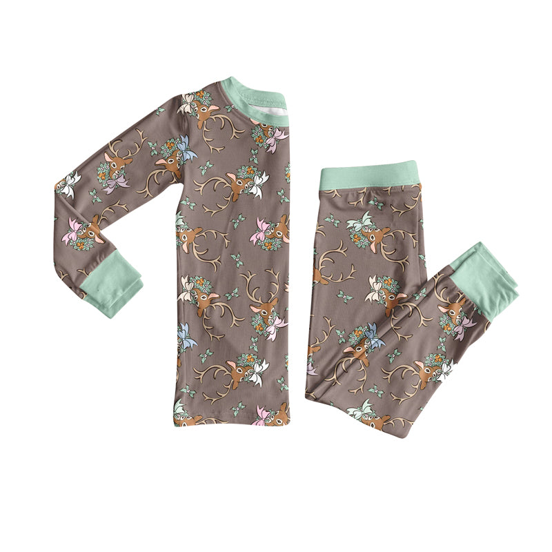 Preorder (moq 5)Baby Girls Long Sleeves Holly Deer Plaid Top Pants Pajamas Set