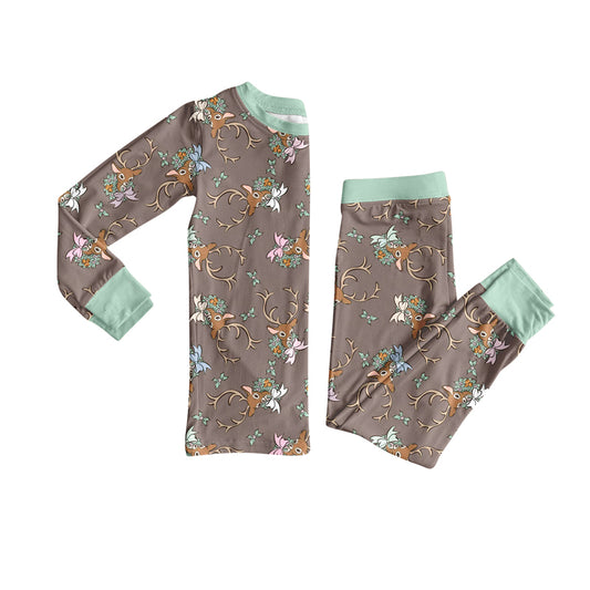 Preorder (moq 5)Baby Girls Long Sleeves Holly Deer Plaid Top Pants Pajamas Set