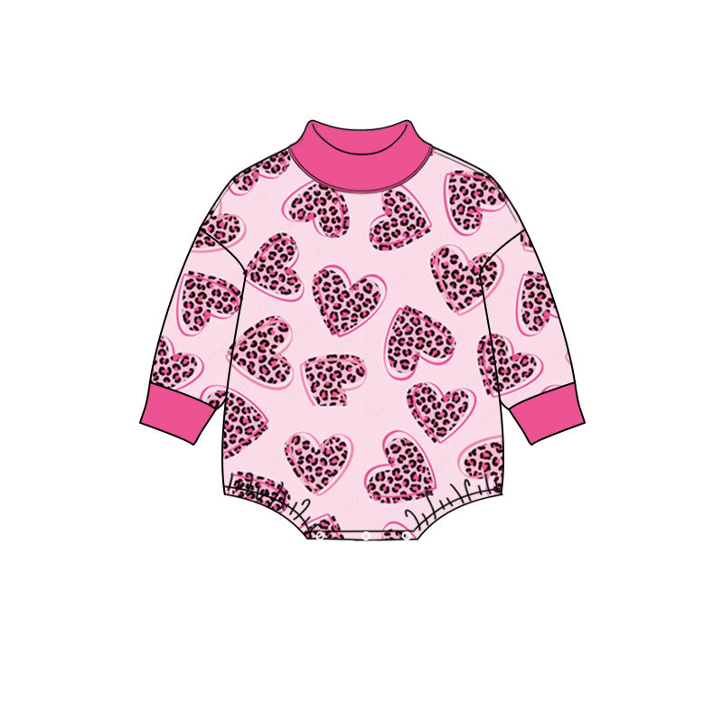 Preorder (moq 5) Baby Girl Clothes Valentine Pink Outline Leopard Heart Print Long Sleeve Turtleneck Romper