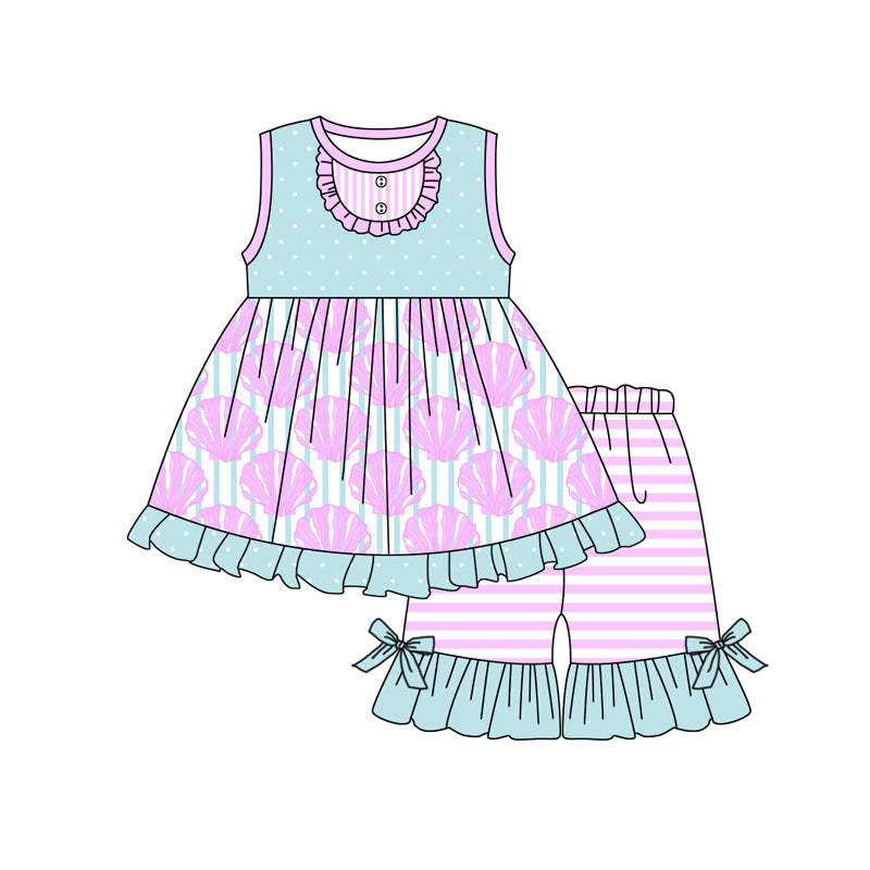 Preorder (moq 5)Baby Girls Sea Shells Tunic Top Shorts Clothes Sets