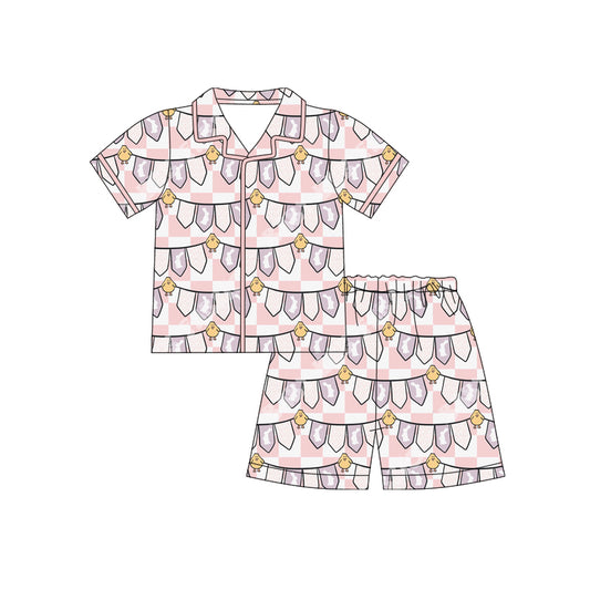 Preorder (moq 5)Baby Girls Pink Rabbits Chicks Checked Button Top Shorts Easter Pajamas Sets