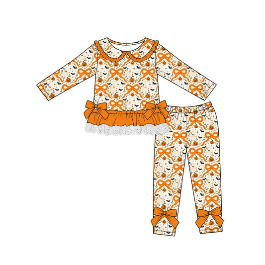 Preorder (moq 5)Baby Girls Bows Ghost Pumpkins Lace Ruffle Top Leggings Halloween Sets