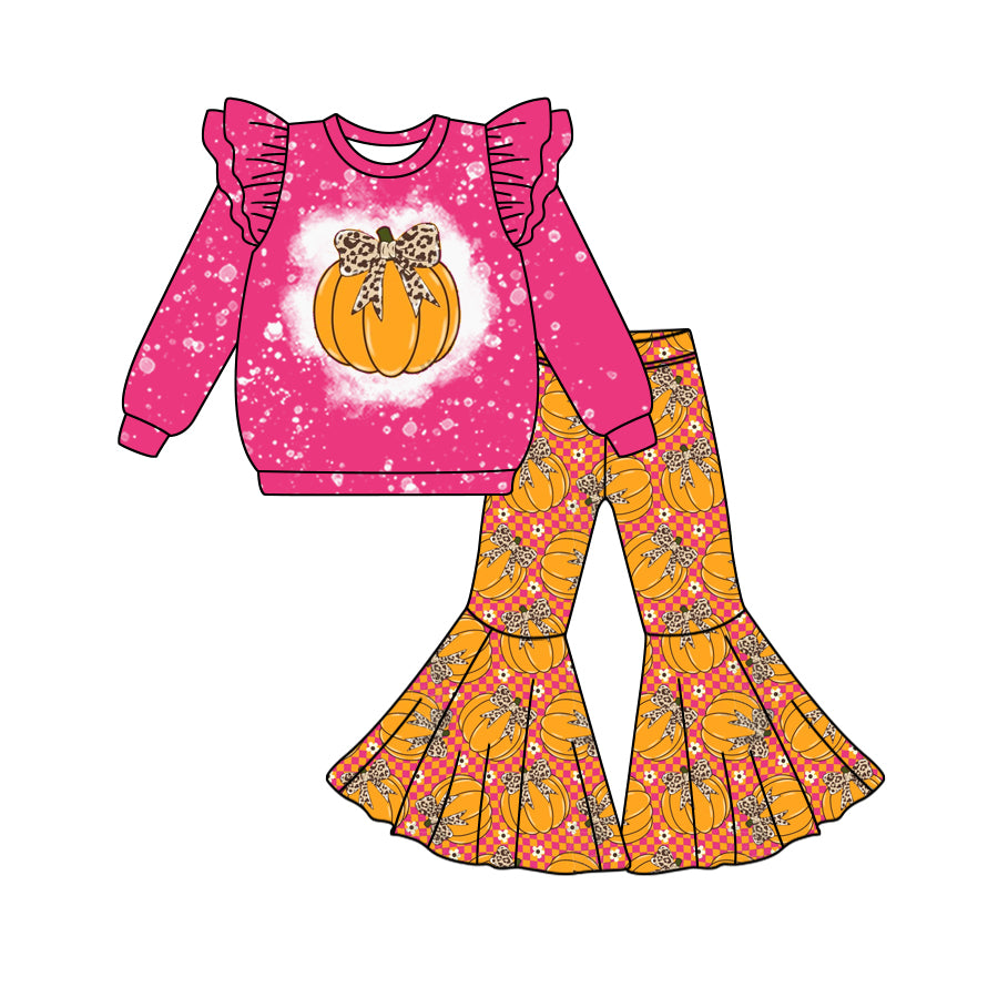 Preorder (moq 5)Baby Girls Hot Pink Long Sleeves Pumpkin Top Bell Bottom Pant Sets