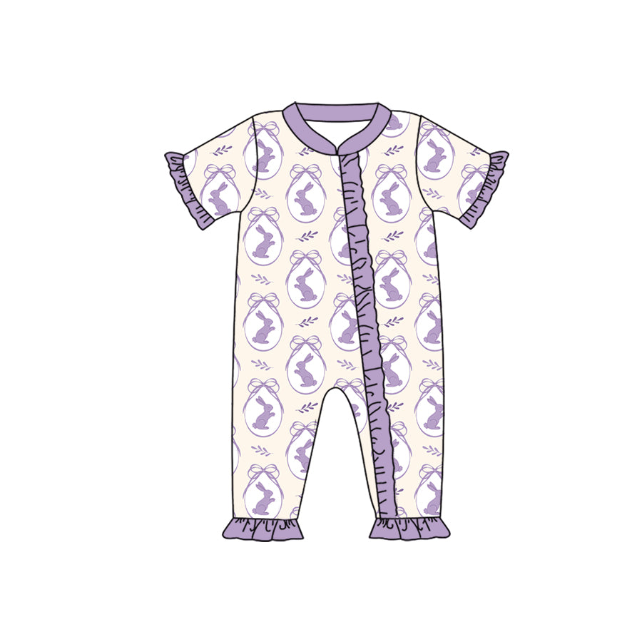 Preorder moq 5 Baby Girls’ Easter Purple Bunny Bow Ruffle Zip-Up Romper, Festive Holiday Outfit