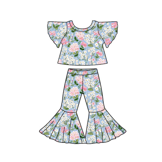 Preorder (moq 5)Baby Girls Bell Sleeve Colorful Flowers Top Bell Bottom Pant Clothes Sets