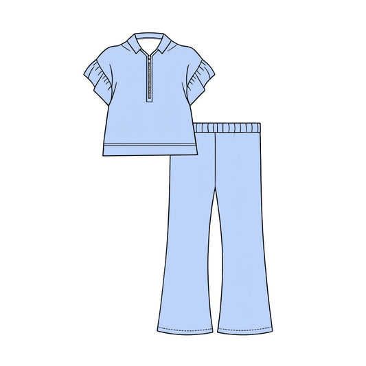 Preorder (moq 5)Baby Girls Blue Short Ruffle Sleeve Zip Pullovers Flare Pants Clothes Sets