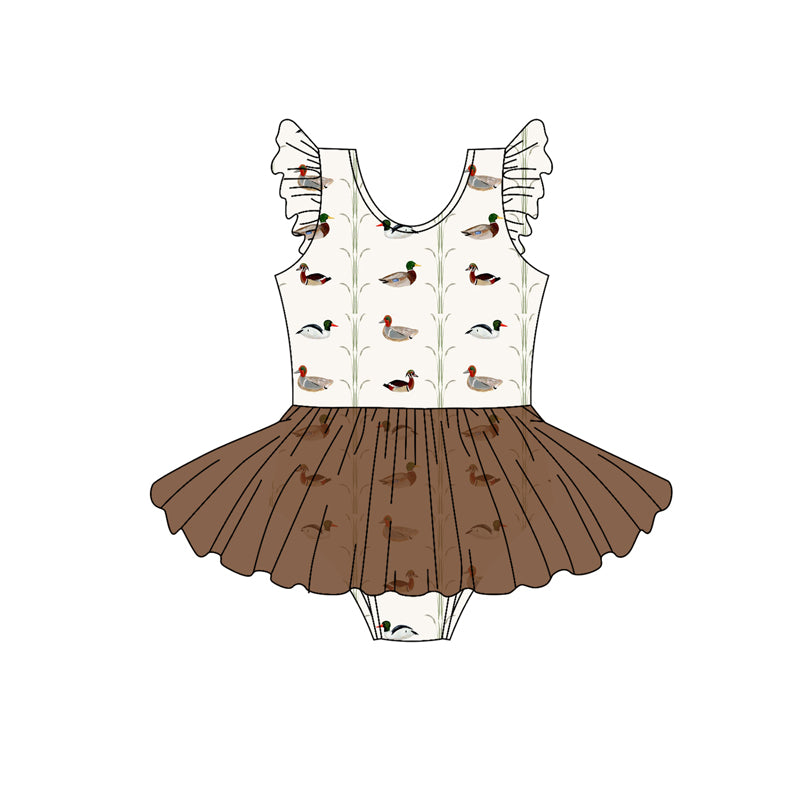 Preorder (moq 5)Baby Girls Flutter Sleeves Ducks Stripe Brown Tulle Rompers
