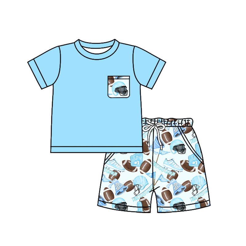 Preorder (moq 5)Baby Boys Blue Short Sleeves Pocket Top Footballs Flags Short Set
