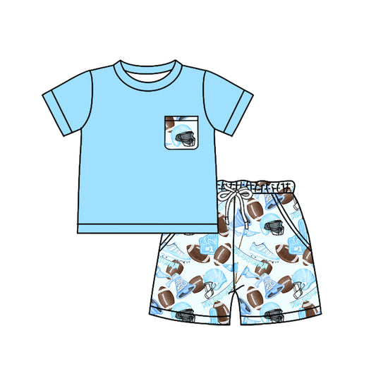Preorder (moq 5)Baby Boys Blue Short Sleeves Pocket Top Footballs Flags Short Set