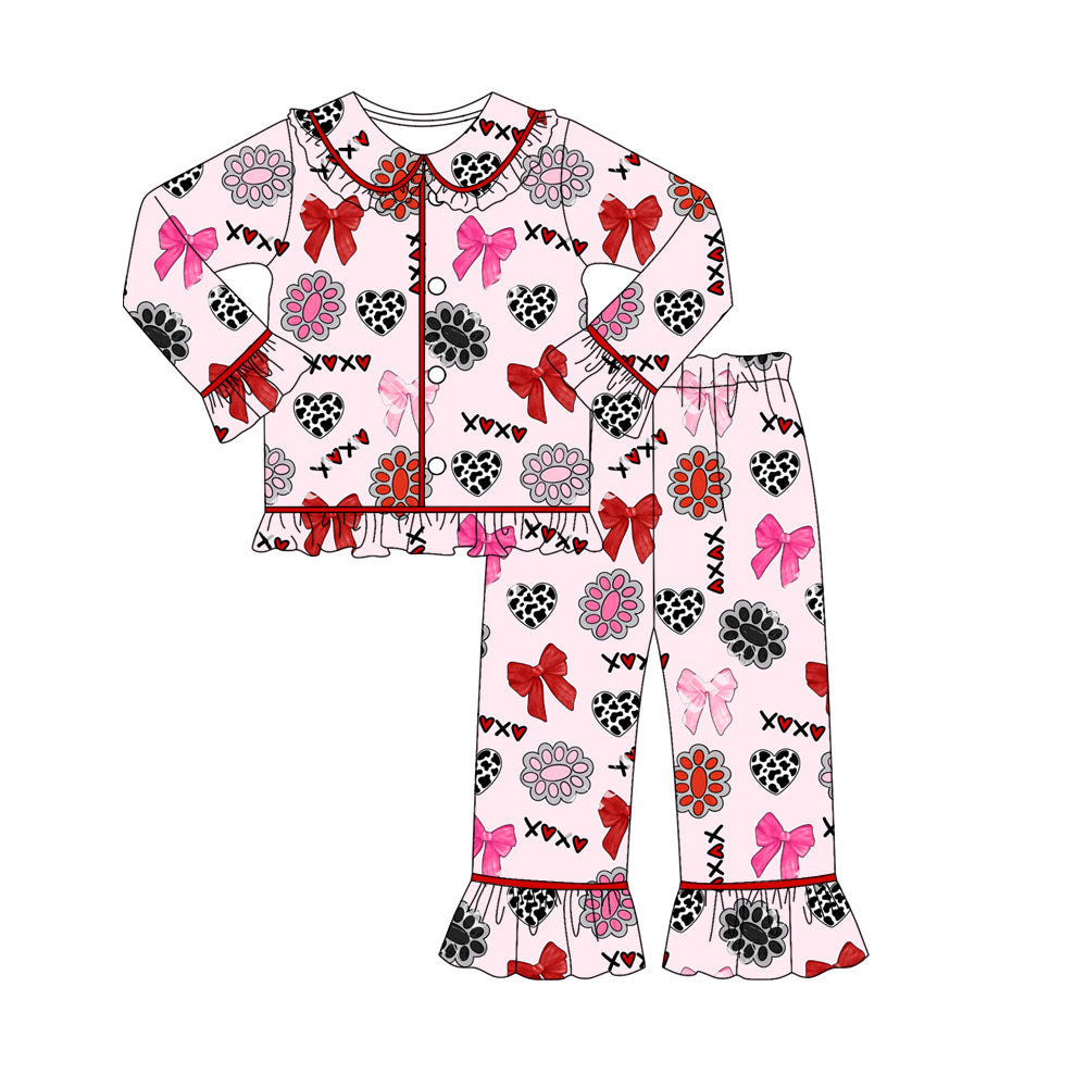 Preorder (moq 5)Baby Girls Turquoises Hearts XOXO Button Top Pants Valentine Pajamas Sets