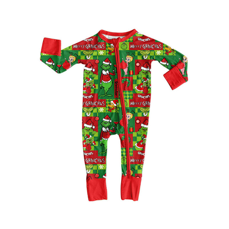 Preorder (moq 5)Baby Boys Green Faces Miss Christmas Zipper Footie Rompers