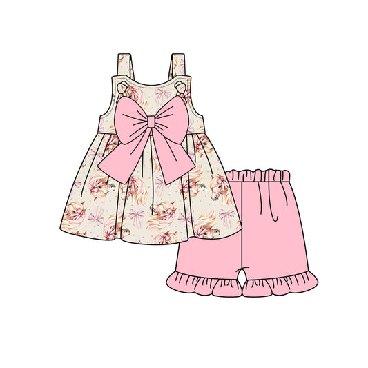 Preorder (moq 5)Baby Girls Western Horse Bow Tunic Top Shorts Clothes Sets