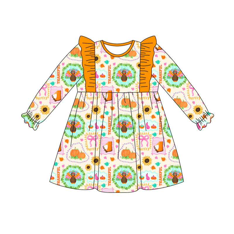 Preorder (moq 5)Baby Girls Long Ruffle Sleeves Turkey Pumpkins Plaid Knee Length Dresses