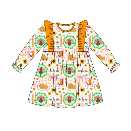 Preorder (moq 5)Baby Girls Long Ruffle Sleeves Turkey Pumpkins Plaid Knee Length Dresses