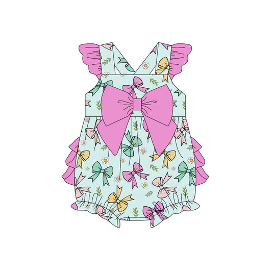 Preorder moq 5 Baby Girls Hot Pink Flutter Sleeves Colorful Bows Ruffle Rompers