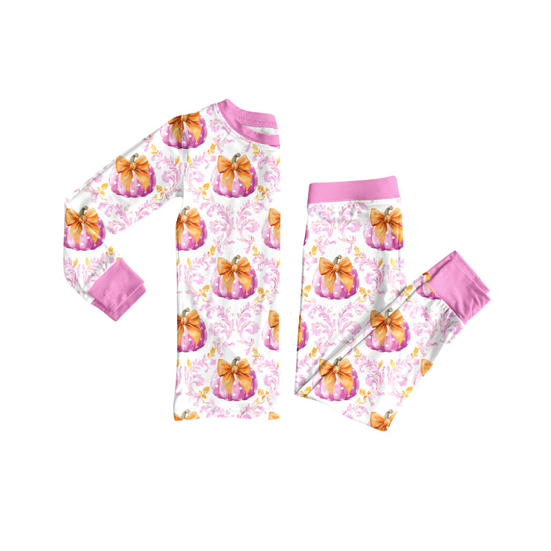 Preorder (moq 5)Baby Girls Long Sleeves Pink Floral Pumpkins Plaid Top Pant Pajamas Sets