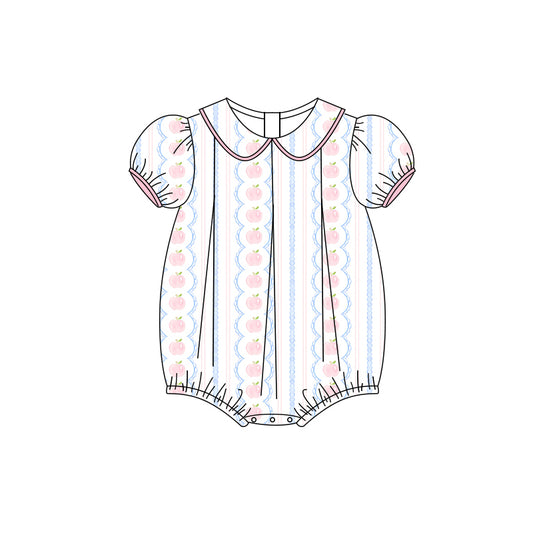 Preorder(moq 5)Baby Infant Girls Short Ruffle Sleeves Apples Stripe Ruffle Rompers